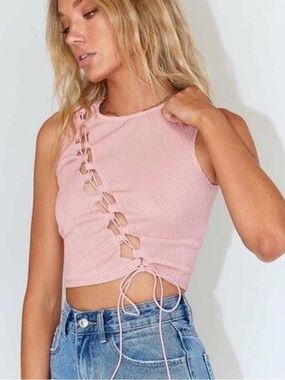 Princess Polly Dusty Pink Pleated Lace-Up Tank Sz12